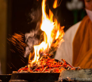 The monk tosses sesame seed into the burning ambers of the Goma-gi